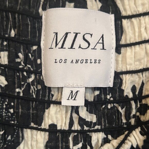 MISA Los Angeles Margarita Dress Black White Floral Smocked Puff Sleeve Midi M - Picture 9 of 10